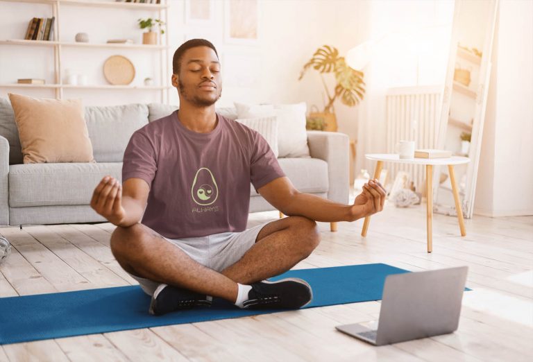 avocado-always-t-shirt-worn-by-a-man-doing-yoga-at-home